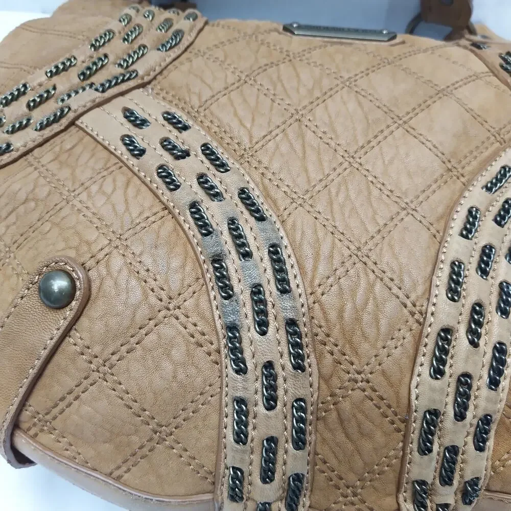 Isabella Fiore Tan Brown Learher Stitching Zipper Closure Hobo Shoulder Bag